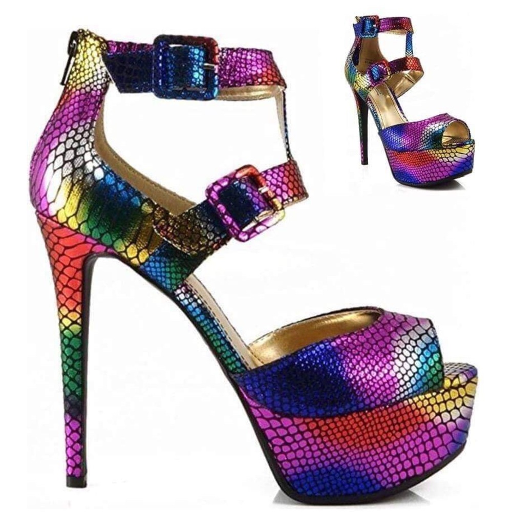 Multicolored snake peep toe pumps